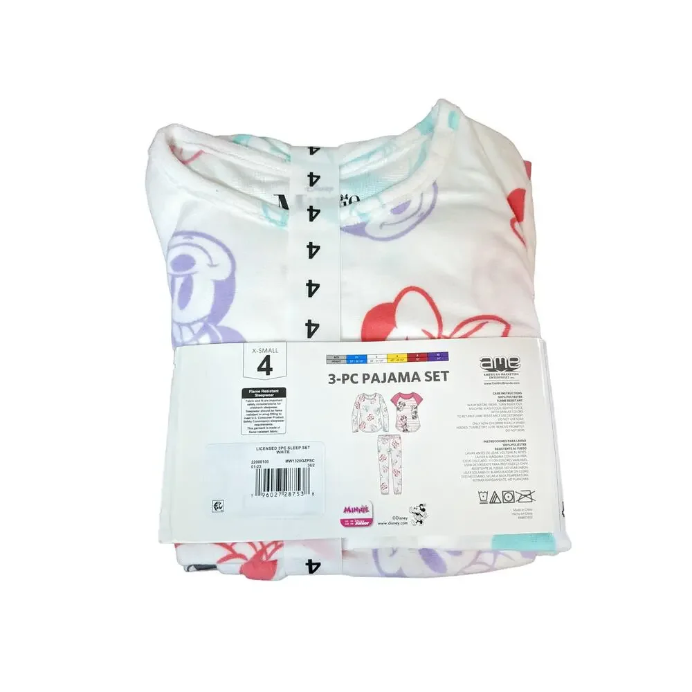 Disney Junior Minnie‎ Mouse Girls Pajama Set XS 4 Pink White Sleepwear 3 Piece